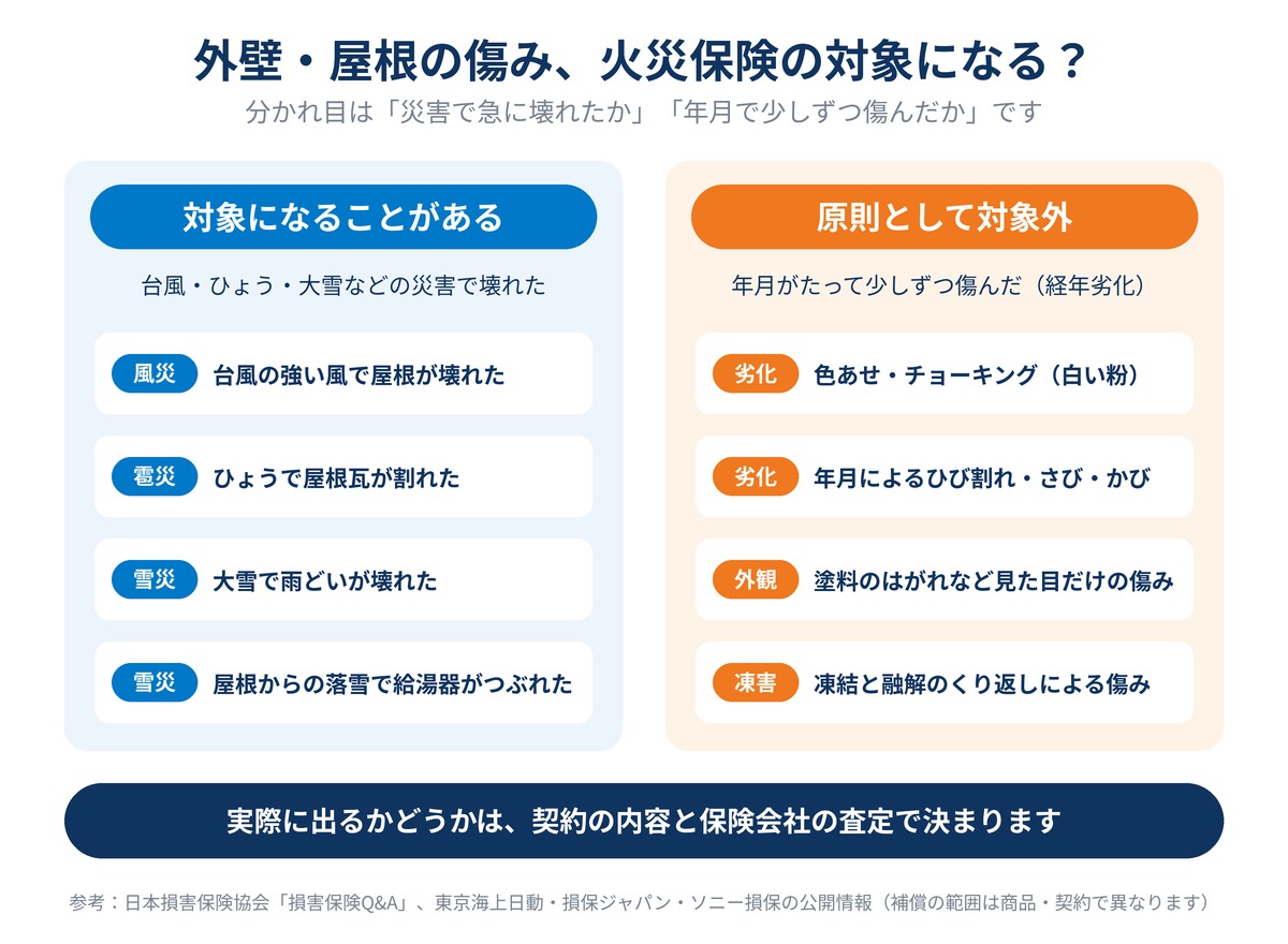 外壁・屋根の傷みが火災保険の対象になるかを比べた図。台風で屋根が壊れた、ひょうで屋根瓦が割れた、大雪で雨どいが壊れたなど災害による損害は対象になることがあり、色あせ・チョーキング、年月によるひび割れ・さび・かび、見た目だけの塗料のはがれ、凍害は原則として対象外。実際に出るかは契約内容と保険会社の査定で決まる